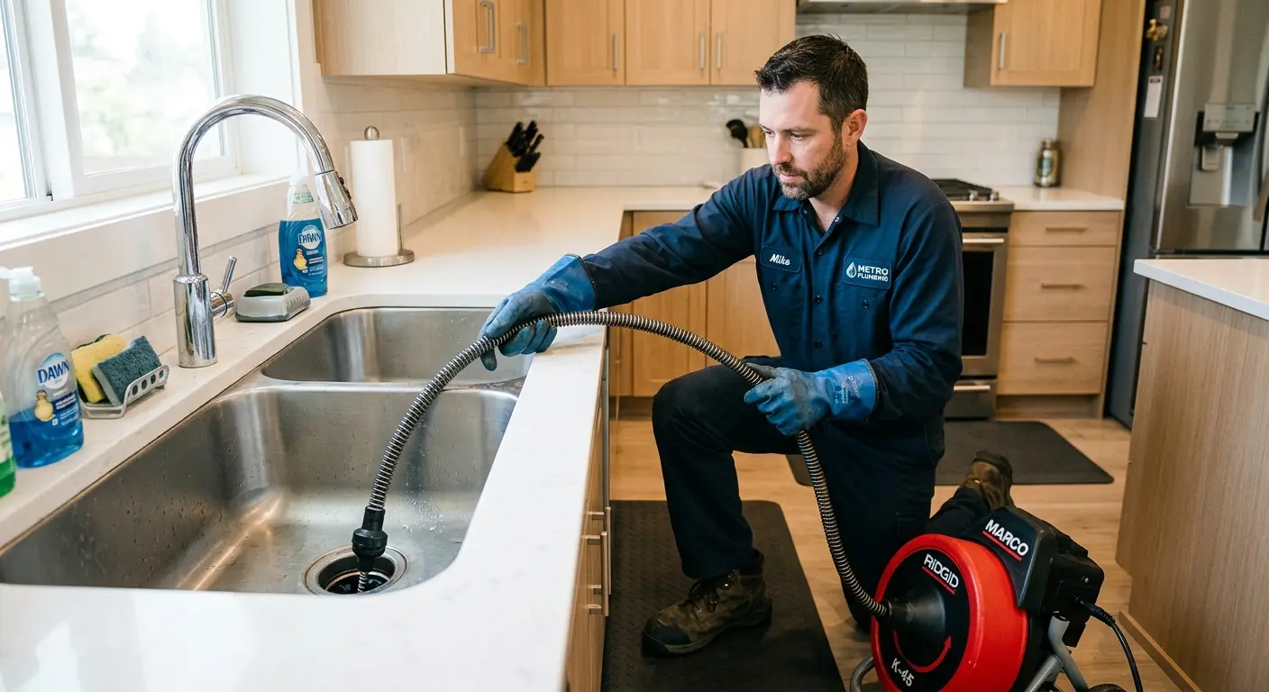 Drain cleaning technician using a motorized snake on a kitchen sink in Crawfordsville