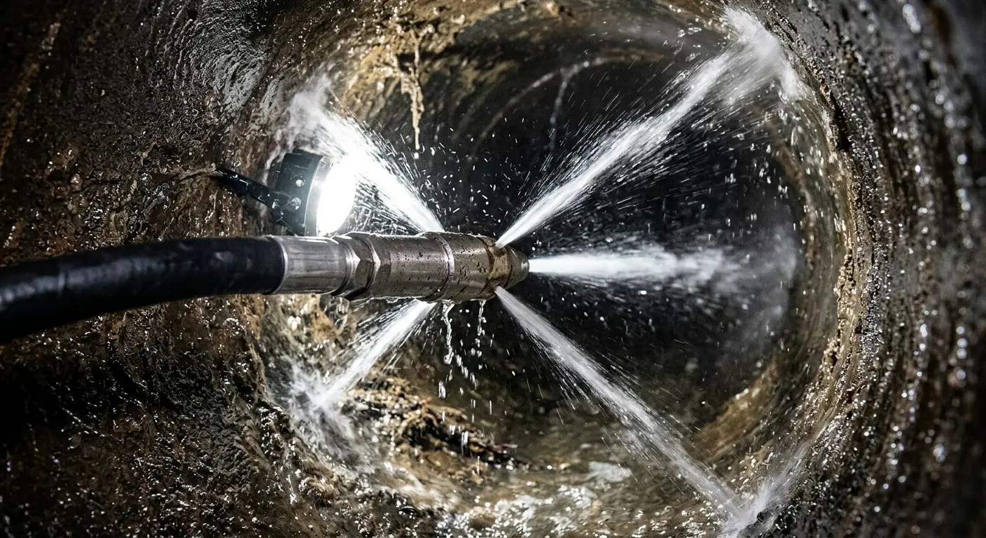High-pressure hydro jetting nozzle cleaning sewer pipe for Sewer Cleanout in Crawfordsville