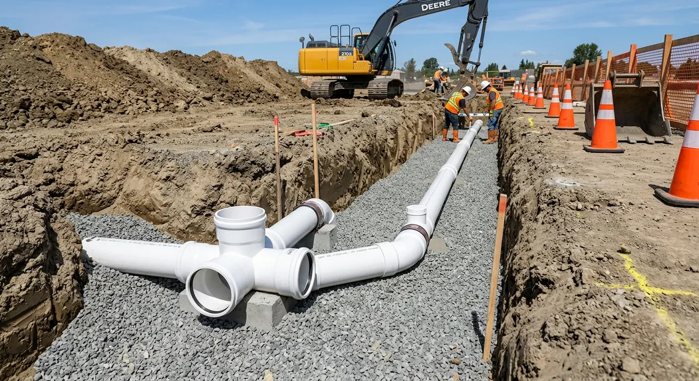 New PVC sewer pipe installation in open trench for Commercial Drain Cleaning in Crawfordsville
