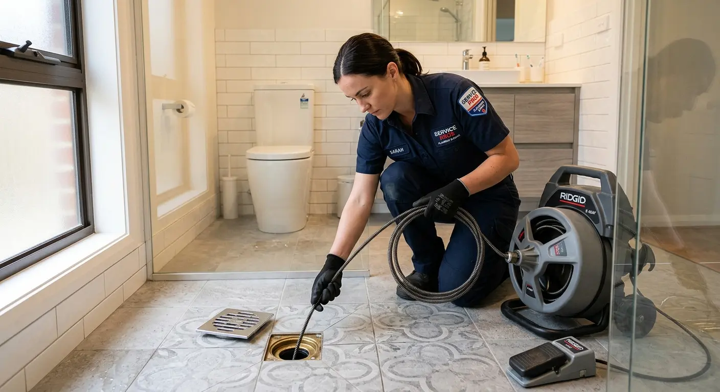 Technician clearing a bathroom floor drain for Clogged Drain Repair in Crawfordsville